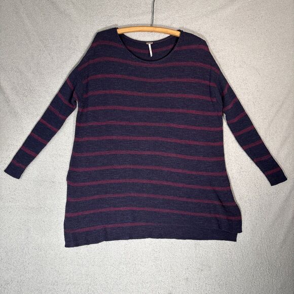 Free People Sweater Womens Oversized Size XS Navy Blue Stripes Coastal Lagenlook - Picture 1 of 16